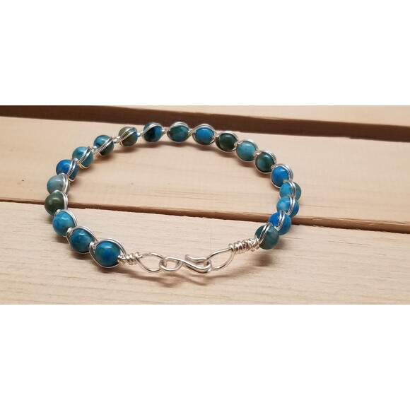 Handmade Wire Wrapped Jasper Bead Bracelet – Blue & Green Gemstone - Picture 3 of 7